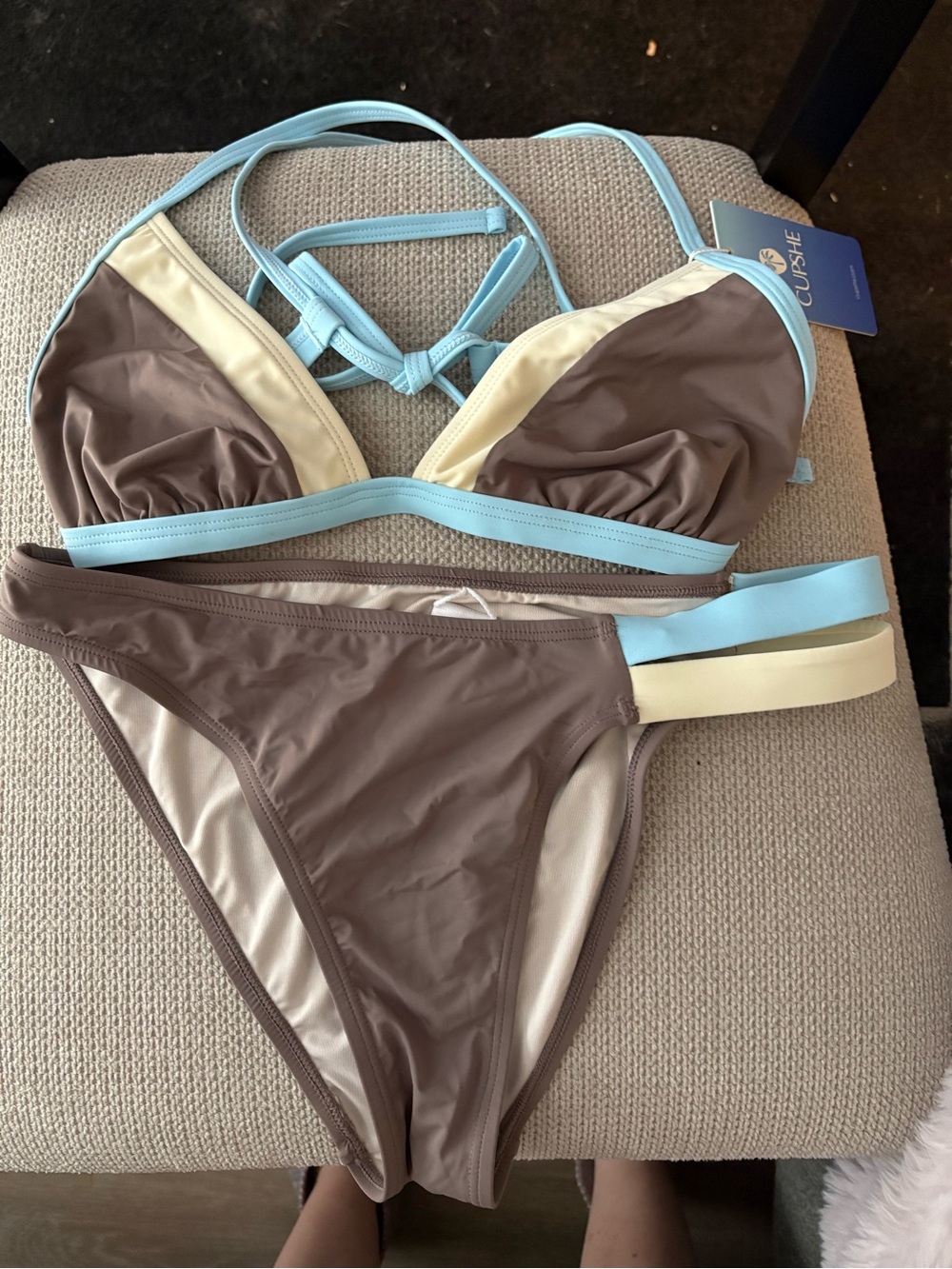 Cupshe Taupe Triangle Bikini with Light Blue & Cream Trim